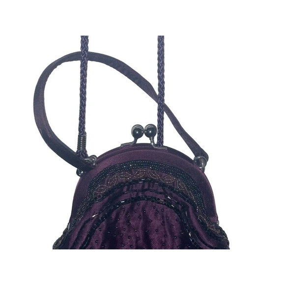 Vintage Kate Laundry Purple SCALLOPED SILK EVENING BAG Beaded Fringe Sequins - Picture 4 of 16